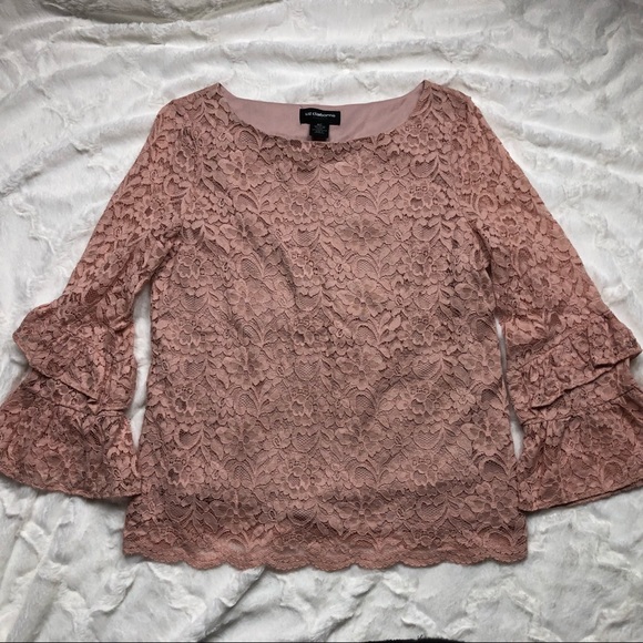 Liz Claiborne Blush Pink Lace Bell Sleeve Blouse size MT - Picture 2 of 11